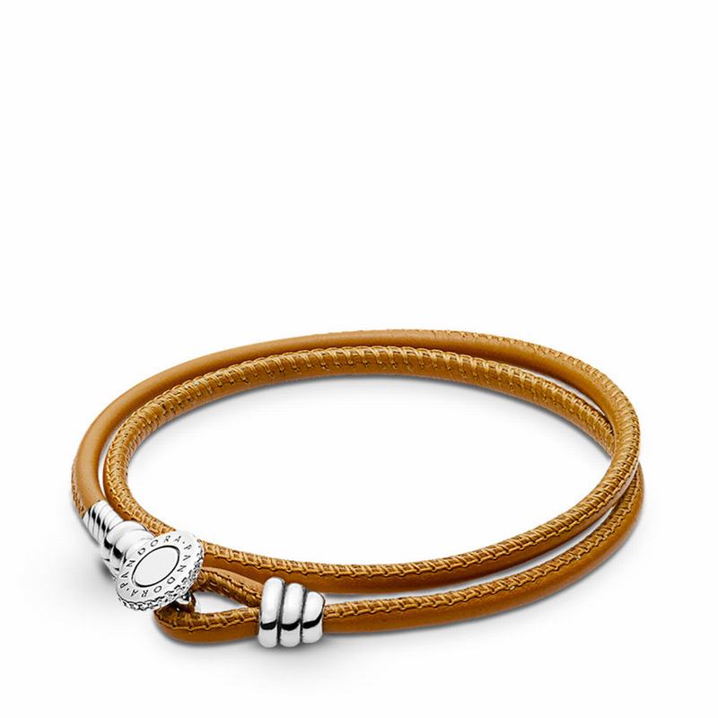 Pandora Australia Golden Tan Double Leather Bracelet - Sterling Silver | HYIWPD490